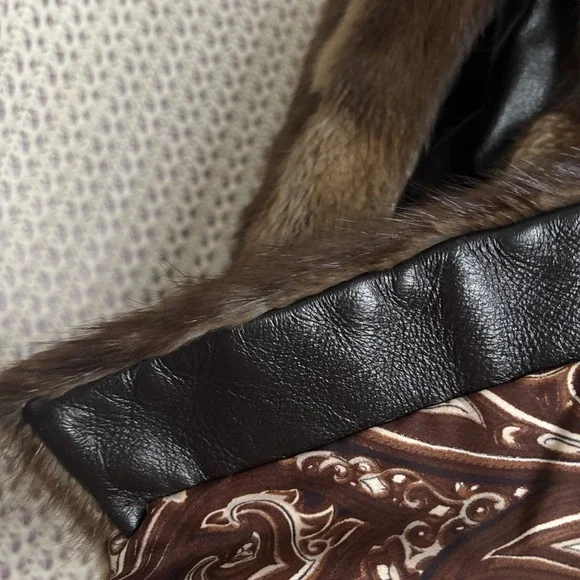 Vintage Mandel's Raccoon Fur Patchwork Leather Pea Coat Women's Size L- XL Brown - Picture 10 of 12